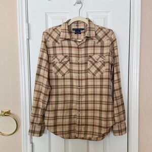 Ralph Lauren Women Flannel Western Top Sz 8 Pearl Snap Slim Fit Plaid Blue Label